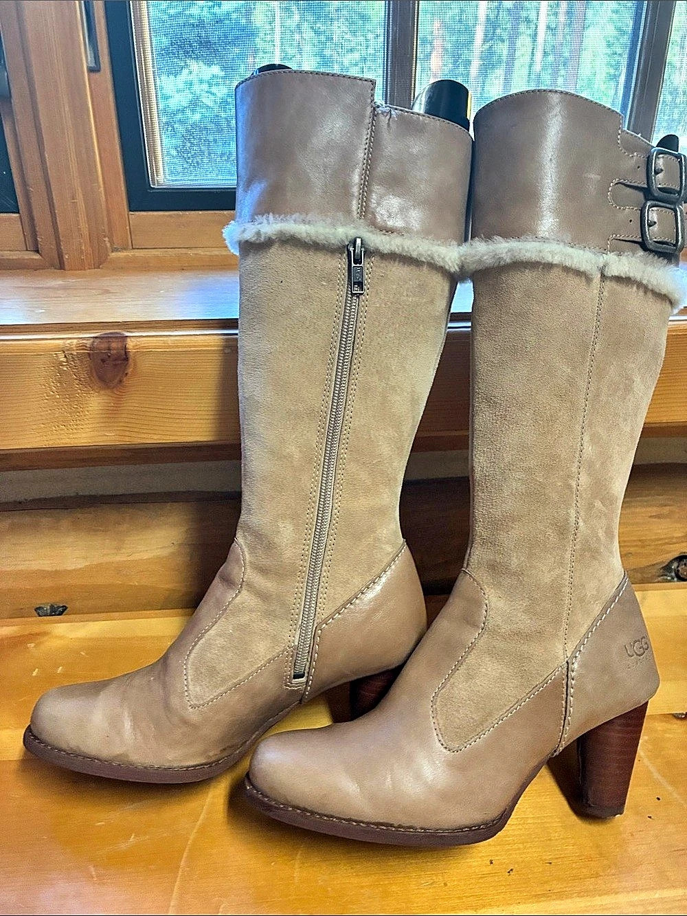 UGG. Leather and suede Boot nude tan color Heeled Tall Boots